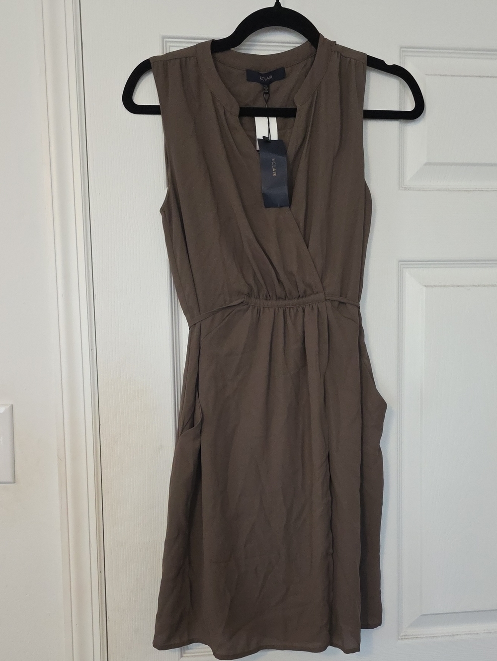 Eclair Taupe Sleeveless Faux-Wrap Mini Dress with Pockets